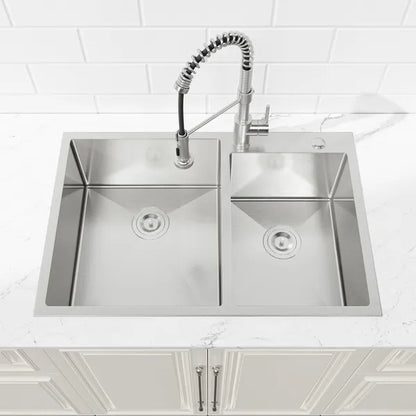 33' x19' Embedded Double Bowl Kitchen Sink, Overmount Handmade Sink In Brushed - Sink Only - Unable Ship Weekends - view 2