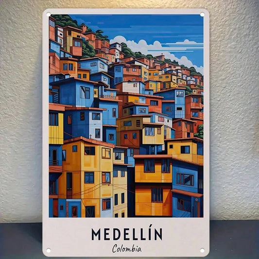 1pc Retro Medellin Colombia Travel Metal Tin Sign, Vibrant Hillside Wall Art