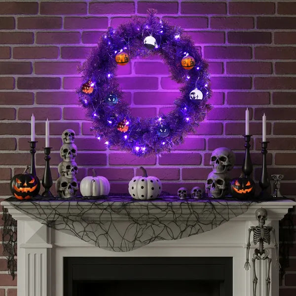 24in Pre-lit Halloween-Themed Christmas Wreath, Lighted Artificial Xmas Wreath With 50 Purple & Orange Lights And - view 5