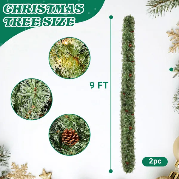2 Pack 9FT Pre-lit Snow Flocked Christmas Garland, Lighted Artificial Xmas Garland With 200 Warm Lights And 440 Tips - view 2