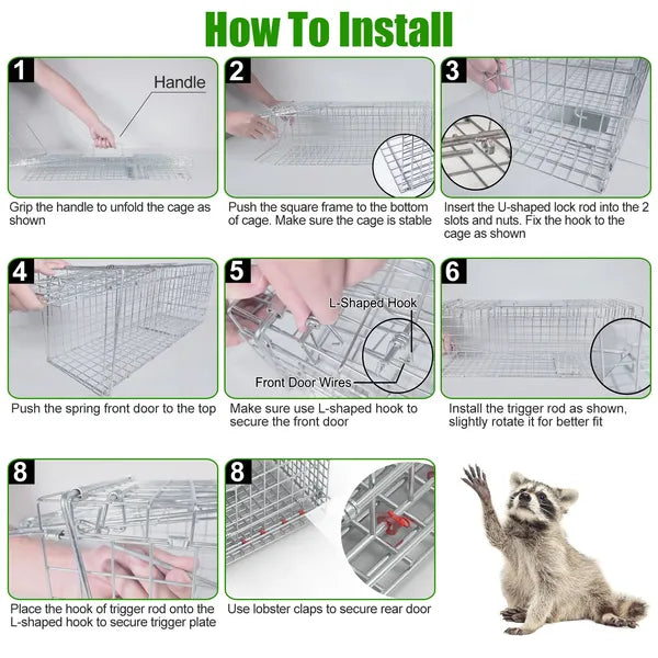 Humane Cat Trap Cage With Waterproof Cover Gloves Catch Release Live Animal Rodent Cage Collapsible Galvanized Wire - view 3