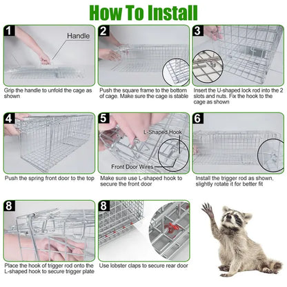 Humane Cat Trap Cage With Waterproof Cover Gloves Catch Release Live Animal Rodent Cage Collapsible Galvanized Wire - view 3