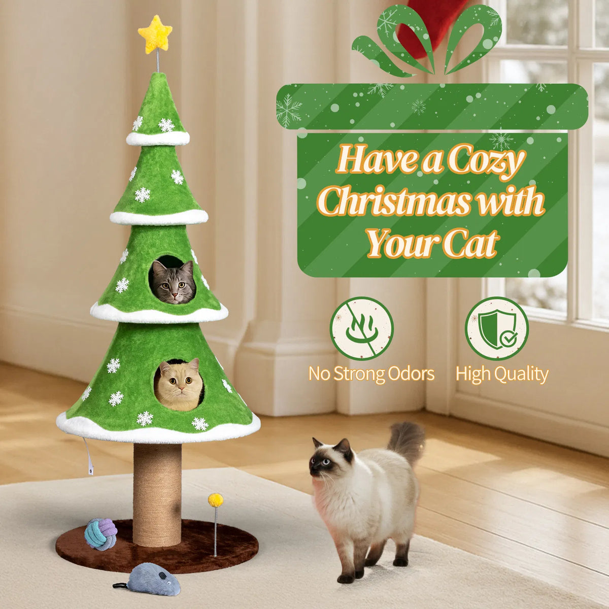 59in Large Tall Christmas Tree Cat Tower with 2 Cat Condos & Scratching Post - view 2