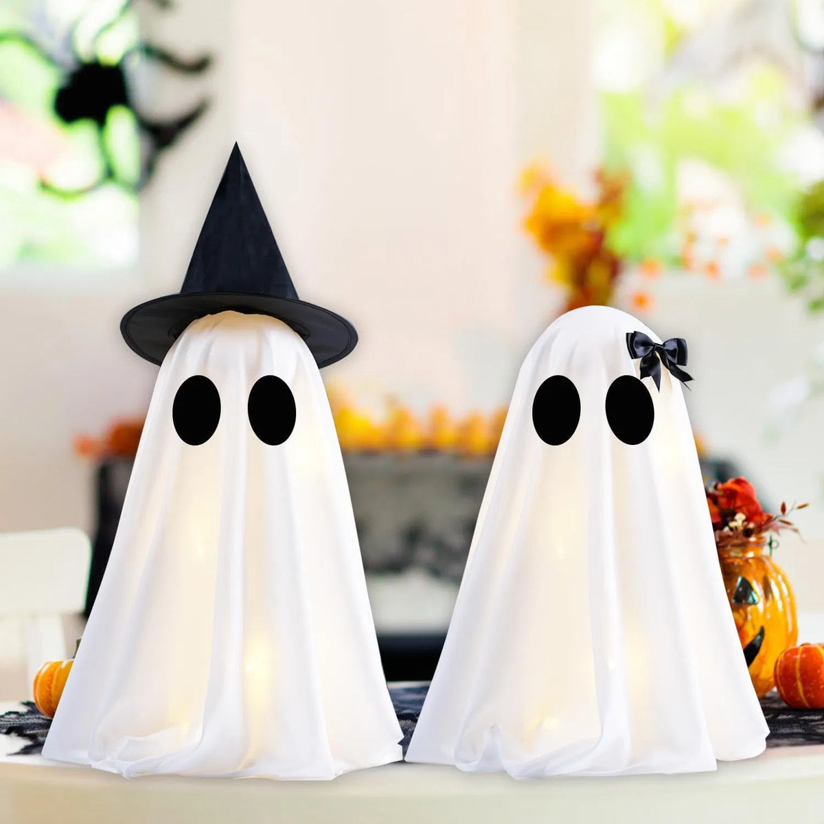 Light Up Halloween Scary Ghost Decorations, Set of 2 DIY Spooky Crafts for Indoor Home Mantel Shelf & Tabletop Decor - view 3