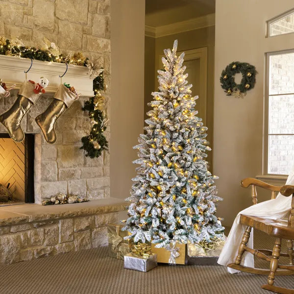 7 FT Snow Flocked Pre-lit Artificial Pencil Christmas Tree, Hinged Xmas Pine Tree With 1100 Branch Tips And 400 Lights - view 3