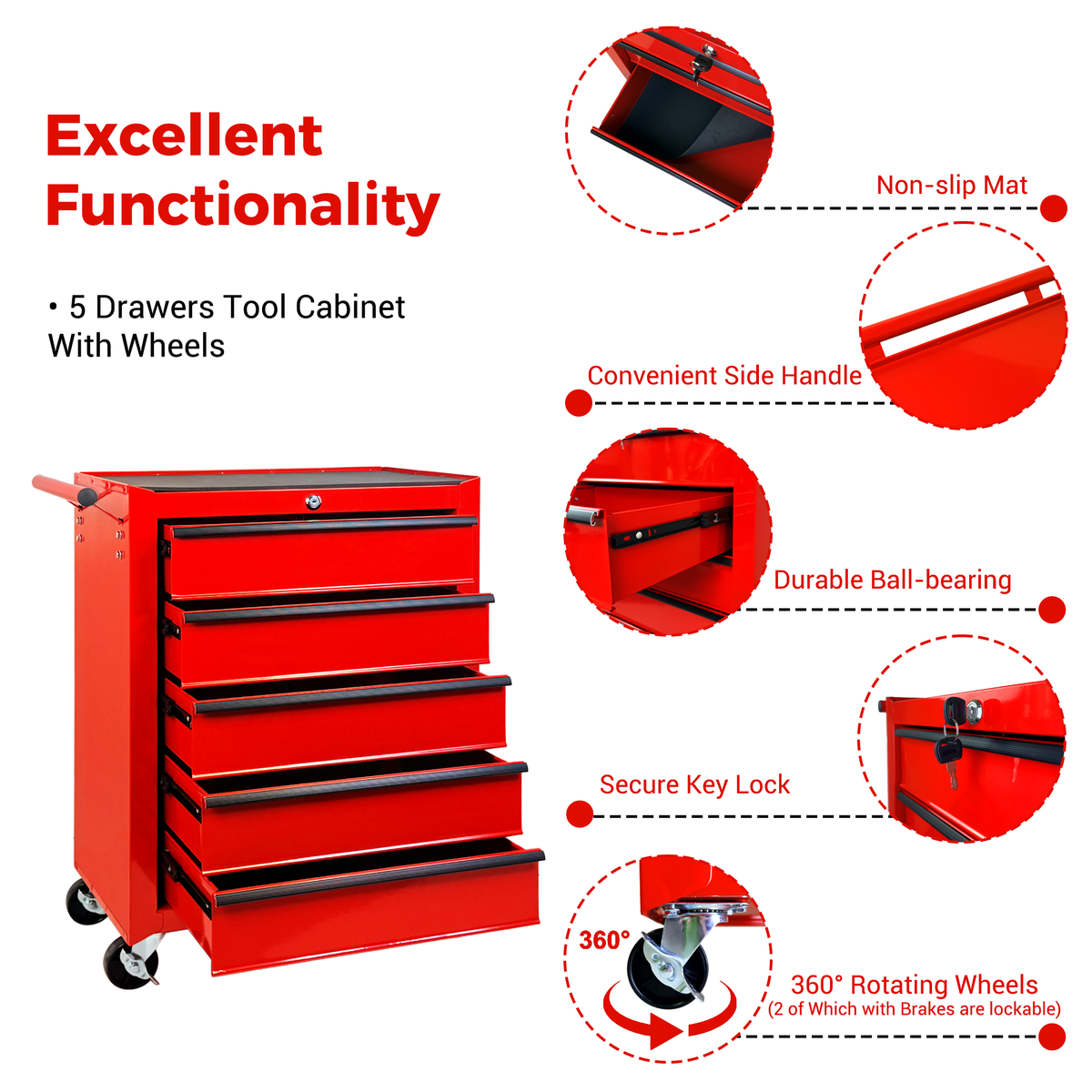 Rolling Metal Tool Chest With 5 Drawers, 20inch 5-Drawer Tool Chest Cabinet With Ball Bearing Drawer Slides - view 2
