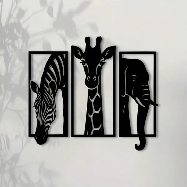 Metal Baked Paint African Animal 3-Piece Wall Art Set Zebra Giraffe Elephant Home Decor - view 2