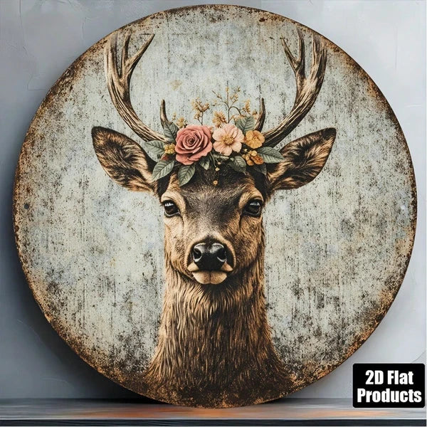1pc 8x8in Vintage Deer Head Wreath Sign, Deer Head Wreath Sign, Wreath Sign, 2D Flat Round Aesthetic Antler Plaque - view 4