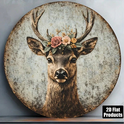 1pc 8x8in Vintage Deer Head Wreath Sign, Deer Head Wreath Sign, Wreath Sign, 2D Flat Round Aesthetic Antler Plaque - view 4