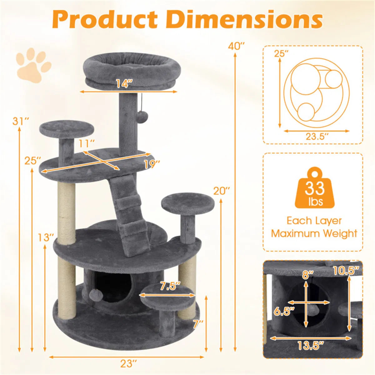 40" Multi-Level Cat Tree for Munchkin & Old Cats - Stable Wide Base, Soft Padded Perch + Large Condo (Gray) - view 5