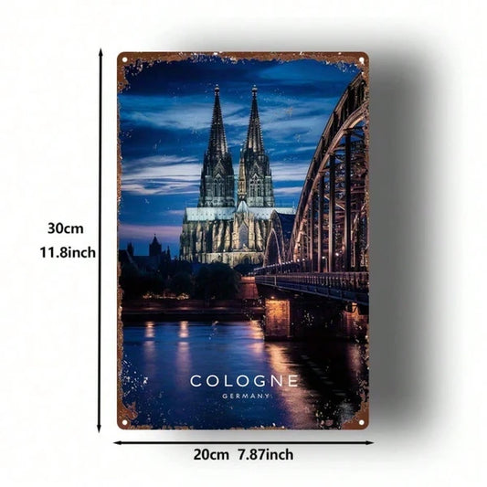 Vintage Cologne Cathedral Metal Sign 8x12 Inch, Iron Bridge Night Scene Wall Art - view 2