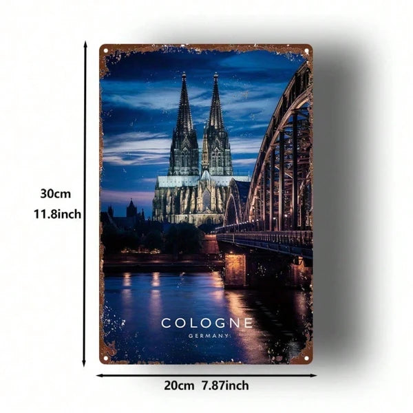 Vintage Cologne Cathedral Metal Sign 8x12 Inch, Iron Bridge Night Scene Wall Art - view 2