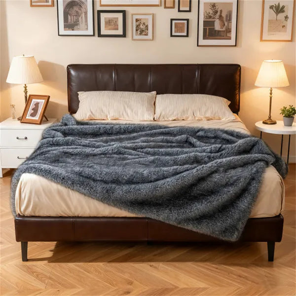 Gray 740GSM Faux Wolf Fur Throw Blanket 60 X80 Double-Sided Soft Fleece Lined Blanket - view 6
