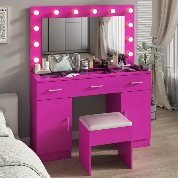 Vanity Desk Set with Large Lighted Mirror and Powre Outlet, Glass Top Makeup Vanity with 3 Drawers and 2 Cabinets - view 2