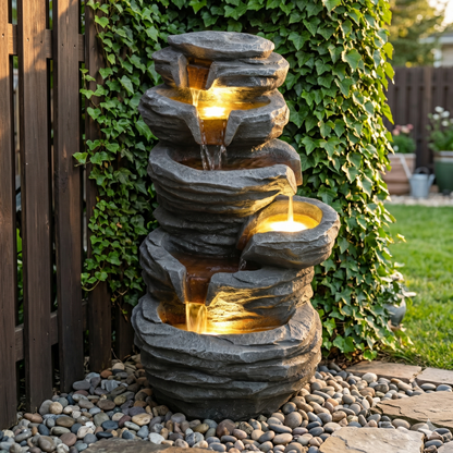 Outdoor Waterfall Fountain With Lights Stacked Rock Cascading Water Feature Resin Garden Decor For Patio Yard Porch