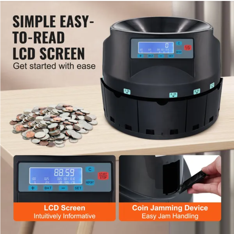VEVOR USD Coin Sorter Coin Counter Wrapper And Roller 300 Coins Min LCD Display - view 4