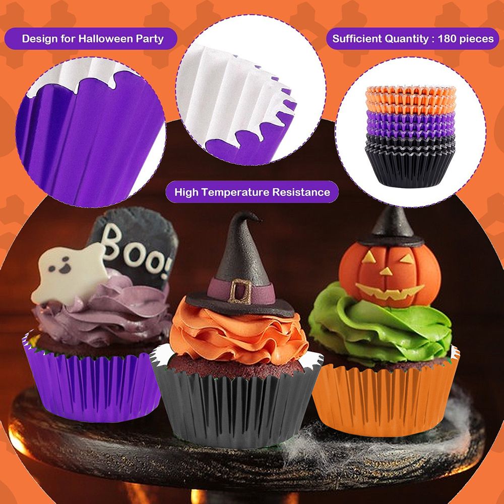 300 Pcs Halloween Foil Cupcake Liners Black Purple Orange Foil Metallic Cupcake Wrappers Halloween Party Standard - view 3
