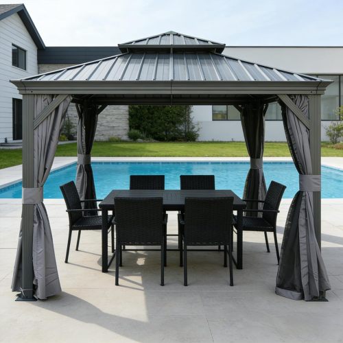 13x13FT Outdoor Gazebo, Hardtop Gazebo With Galvanized Steel Double Roof