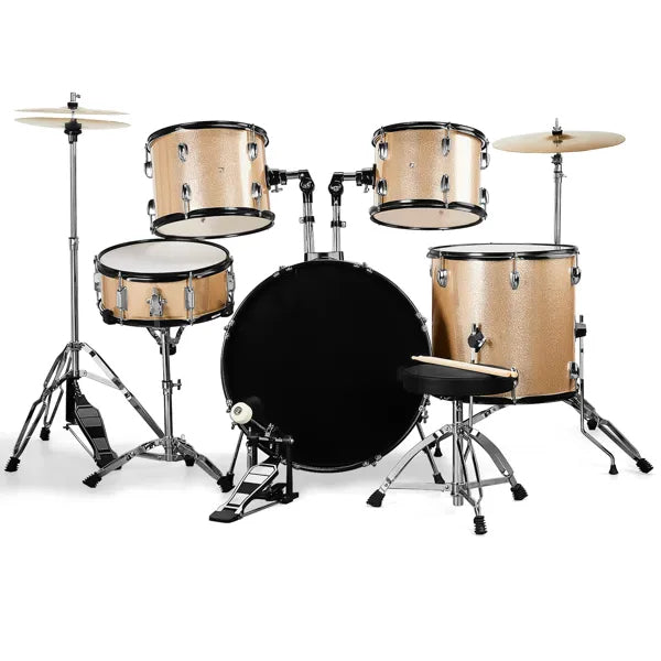 Full Size AdultDrum Set 5-Piece Champagne With Bass Drum, Two Tom Drum, Snare Drum, Floor Tom, Stool, Drum Pedal, Sticks - view 3