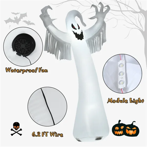 Spooky Halloween Inflatable Ghost - 12 Ft Tall With LED Lights, Waterproof Fabric, Spikes Ropes For Stability, White - view 3