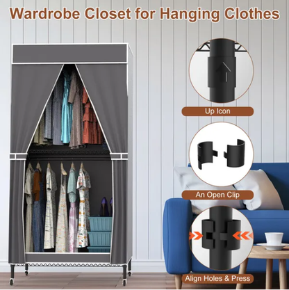 2 Tier Clothing Rack With Cover Portable Wardrobe Closet Covered Garment Rack With 4 Wheels 2 Hanging Rods 2 Hook Racks