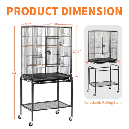 53" Large Flight Bird Cage with Rolling Stand & Storage Shelf for Parrots Lovebird Cockatiel Parakeets, Black - view 6