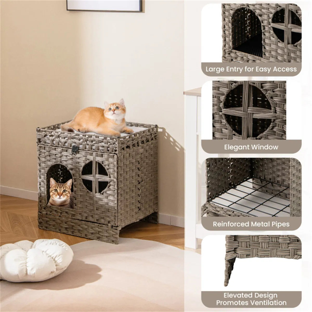 2-Tier Wicker Cat Condo with Litter Mat - Hidden Litter Box Enclosure, Detachable Washable Cushion, Gray Rattan - view 7