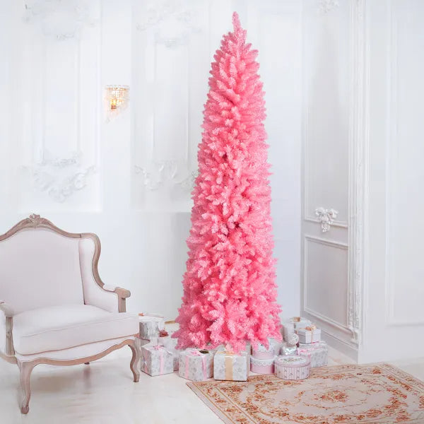 7.5 FT Hinged Christmas Tree, Artificial Pencil Christmas Tree, Unlit Artificial Christmas Pine Tree With 1075 Branch