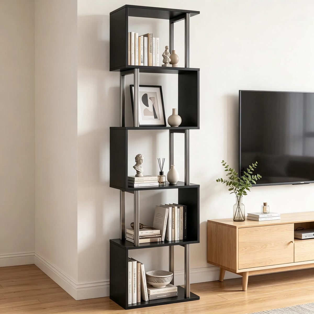 5-Tier S-Shaped Bookshelf, Modern Geometric Freestanding Display Shelf with Heavy-Duty Metal Frame - view 3