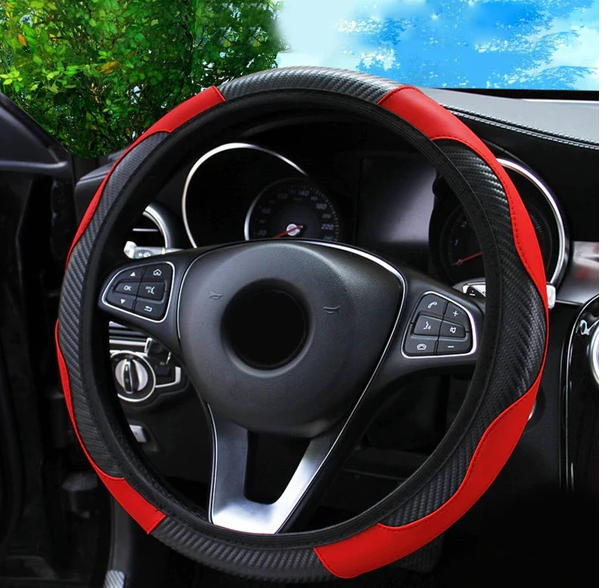 Car Steering Wheel Cover Red Black Leather Anti-slip For Carbon Fiber