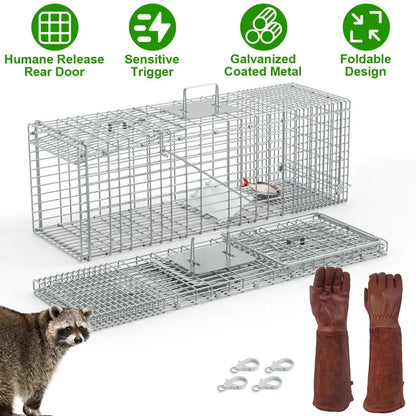 Humane Cat Trap Cage With Gloves Catch Release Live Animal Rodent Cage Collapsible Galvanized Wire For Raccoons Beavers