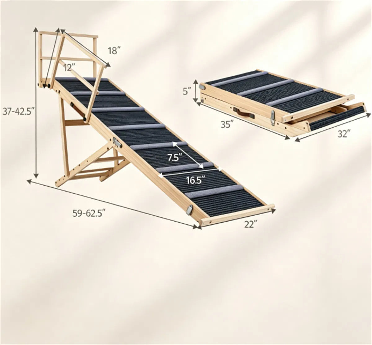 6-Level Adjustable Foldable Pet Ramp, Solid Pine Wood Non-Slip Dog Stairs with Side Rails - view 5