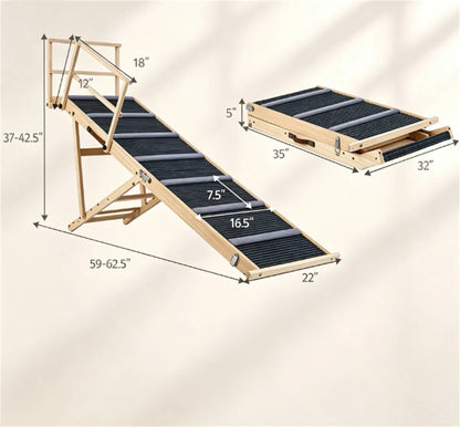 6-Level Adjustable Foldable Pet Ramp, Solid Pine Wood Non-Slip Dog Stairs with Side Rails - view 5