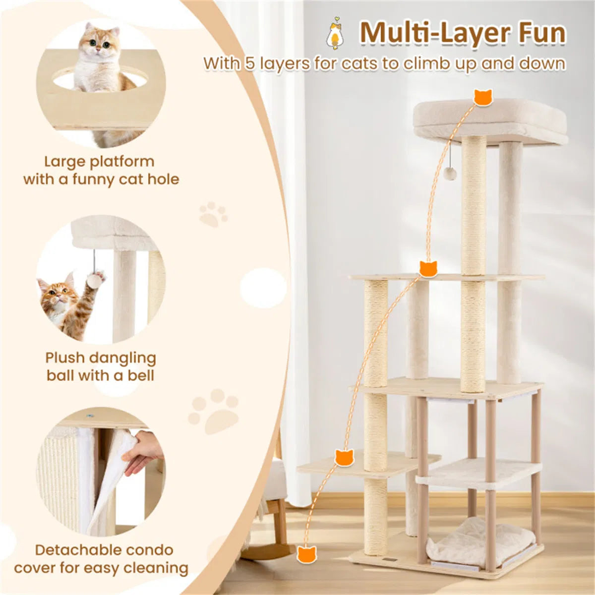 63" Wooden Cat Tree - 2-Story Condo with Bamboo Interior, 5 Sisal Scratching Posts, 44 lbs Per Layer Capacity - view 9