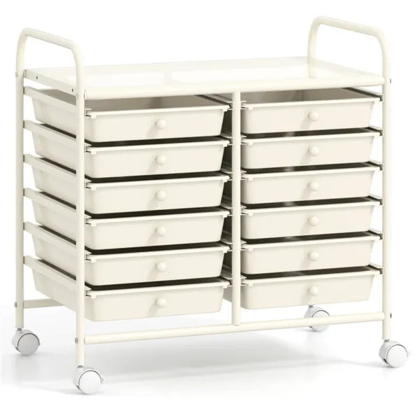 12-Drawer Rolling Storage Cart - 2-Row 10-Storey, Multicolor Drawers, 4 Wheels (2 Brake), White Frame-White - view 4