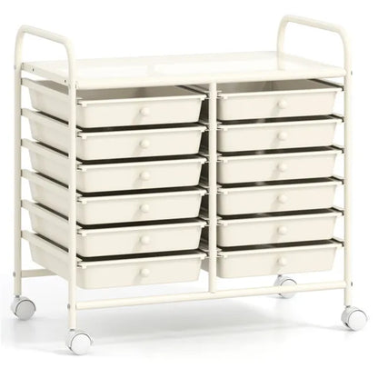 12-Drawer Rolling Storage Cart - 2-Row 10-Storey, Multicolor Drawers, 4 Wheels (2 Brake), White Frame-White - view 4