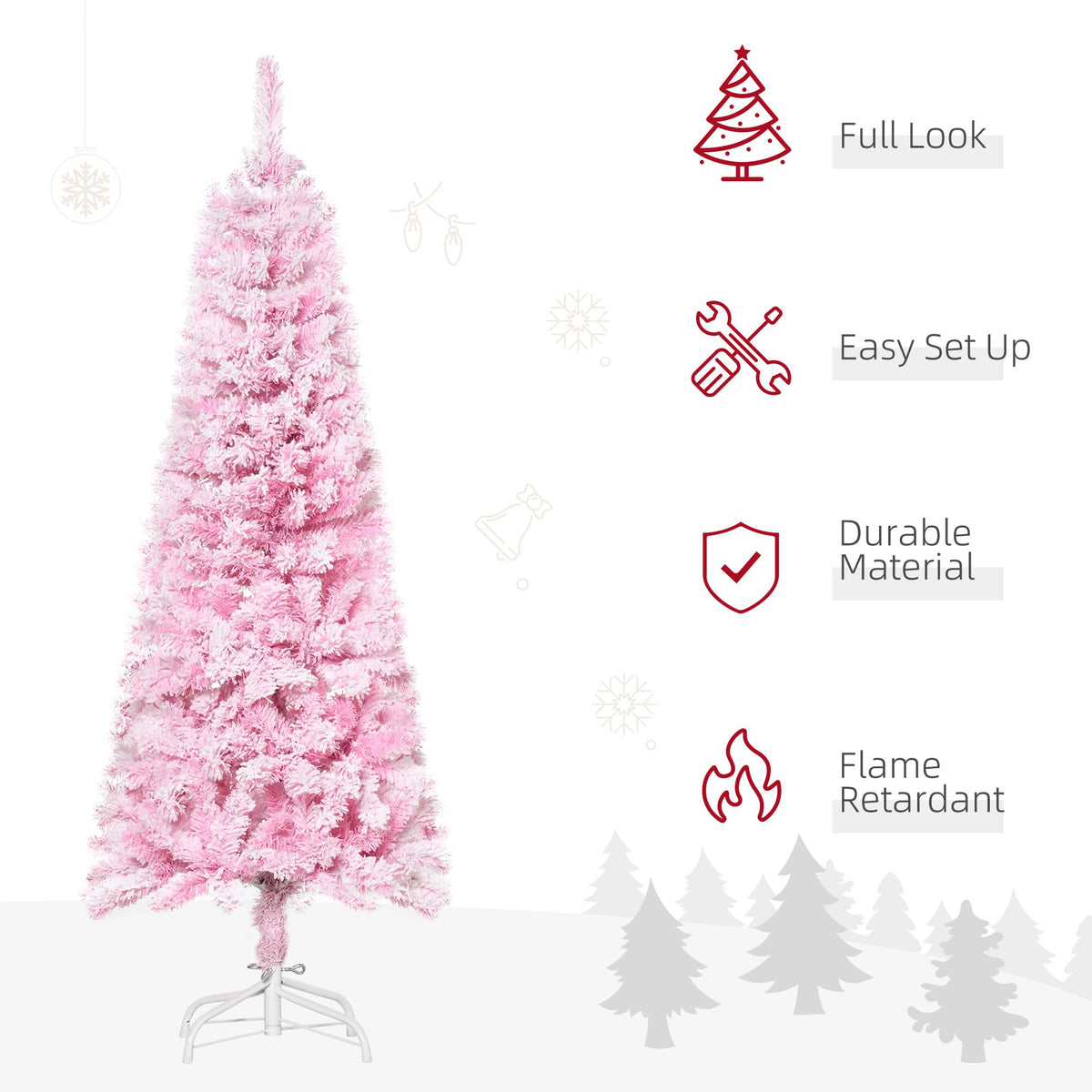 5 FT Snow Flocked Artificial Christmas Tree, Pencil Xmas Tree With Realistic Branches, Auto Open And Steel Base, Pink - view 5