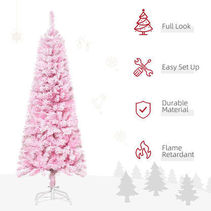 5 FT Snow Flocked Artificial Christmas Tree, Pencil Xmas Tree With Realistic Branches, Auto Open And Steel Base, Pink - view 5