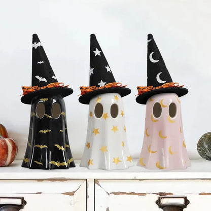 Halloween Decor Indoor, Set Of 3 Ceramic Ghosts With Witch Hats, Cute Spooky Ghost Figurines For Mantel - view 5