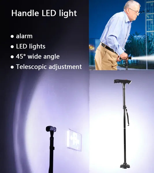 Collapsible Adjustable Height Cane With LED Light Alert Button Walking Stick - view 2