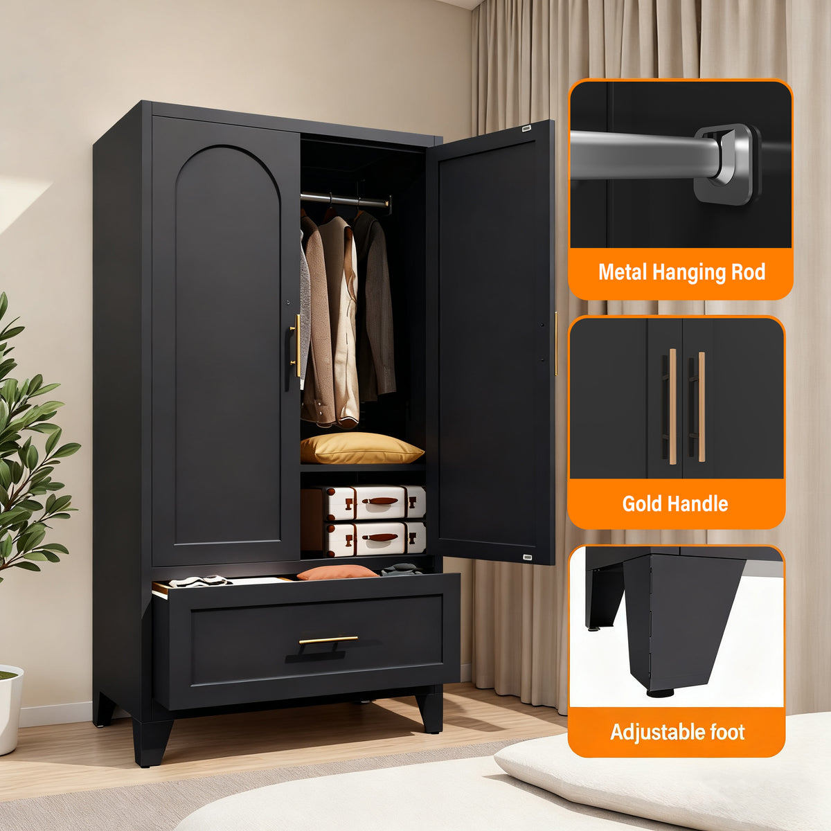 60inch Tall Metal Wardrobe Cabinet With 1 Drawer And Hanging Rod, 2 Doors Wardrobe Closet With Shelf For Bedroom - view 3