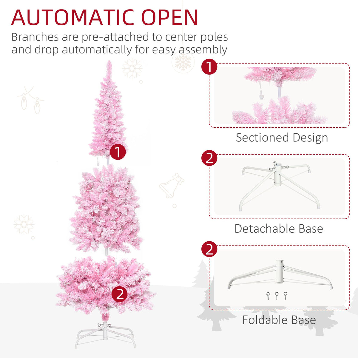 6 Foot Prelit Snow Flocked Artificial Christmas Tree With Pencil Shape, 500 Pine Realistic Branches - view 6