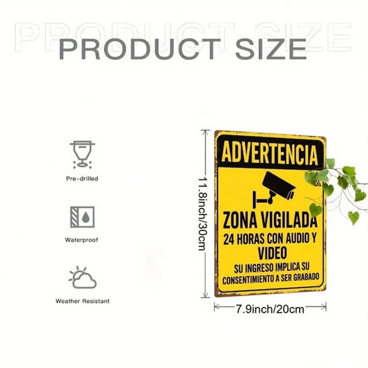 Vintage Spanish 24 Hour Audio Video Recording Warning Metal Sign, 7.87x11.81 Inch Surveillance Notice Plaque