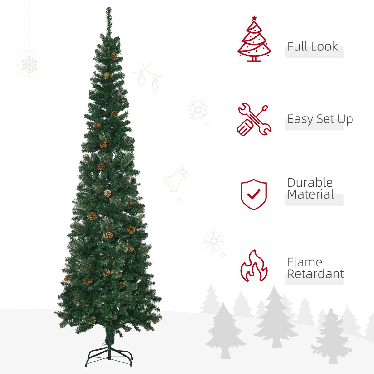 7.5ft Pencil Christmas Tree, Artificial Christmas With Pine Needles, Realistic Branches, Pine Cones, Metal Base, Green - view 6