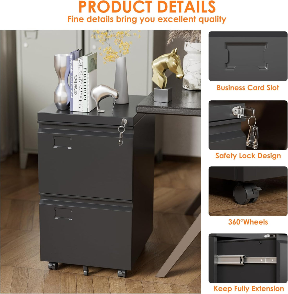 2 Drawer Mobile File Cabinet, Metal Under Desk Cabinet With Lock Name Card Holder For Office Home, Legal Letter Size - view 7