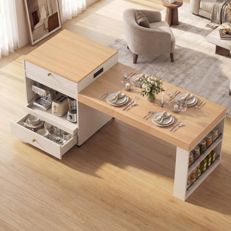 78.8inch Rolling Kitchen Island With 3-Stage Extendable Dining Table Seats 6-8, Built-in Power Outlet - view 3