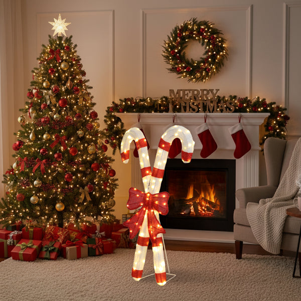 Lighted Candy Cane And Red Bowknot Christmas Decorations, Pre-lit 2D Holiday Decor With 100 Warm White LED Lights - view 3