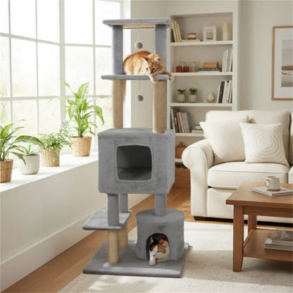 64" Light Gray Cat Tower With Plush Perches & 3 Dangling Balls, Jute Scratching Posts & Anti-Tipping Device - view 2