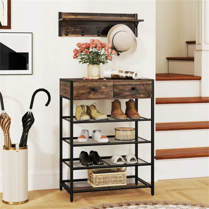 Multifunctional Entryway Storage - 5-Hook Coat Rack 2-Drawer Shoe Stand With 4 Mesh Shelves