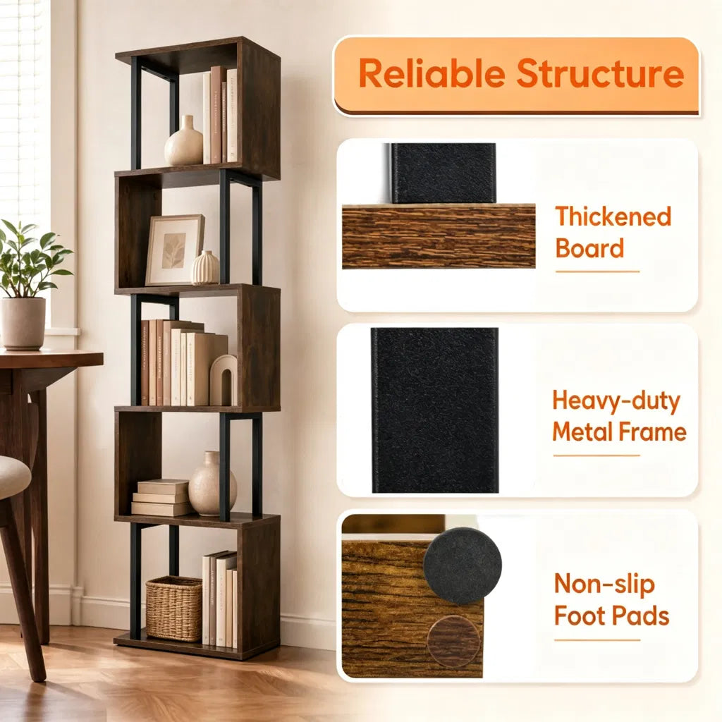 5-Tier S-Shaped Bookshelf, Modern Geometric Freestanding Display Shelf with Heavy-Duty Metal Frame - view 7